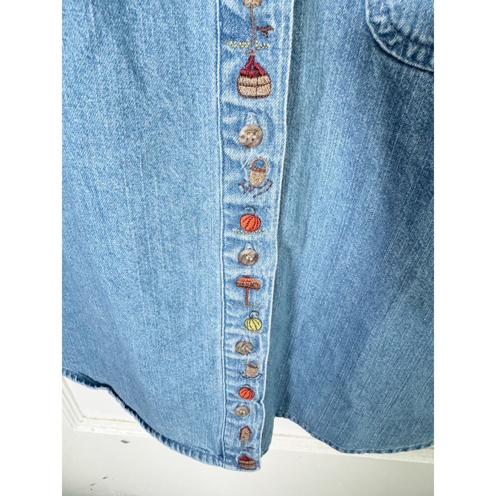 Vintage Collared Denim Button Down Shirt Embroidered Fall Motif Pumpkins Autumn - Picture 7 of 16